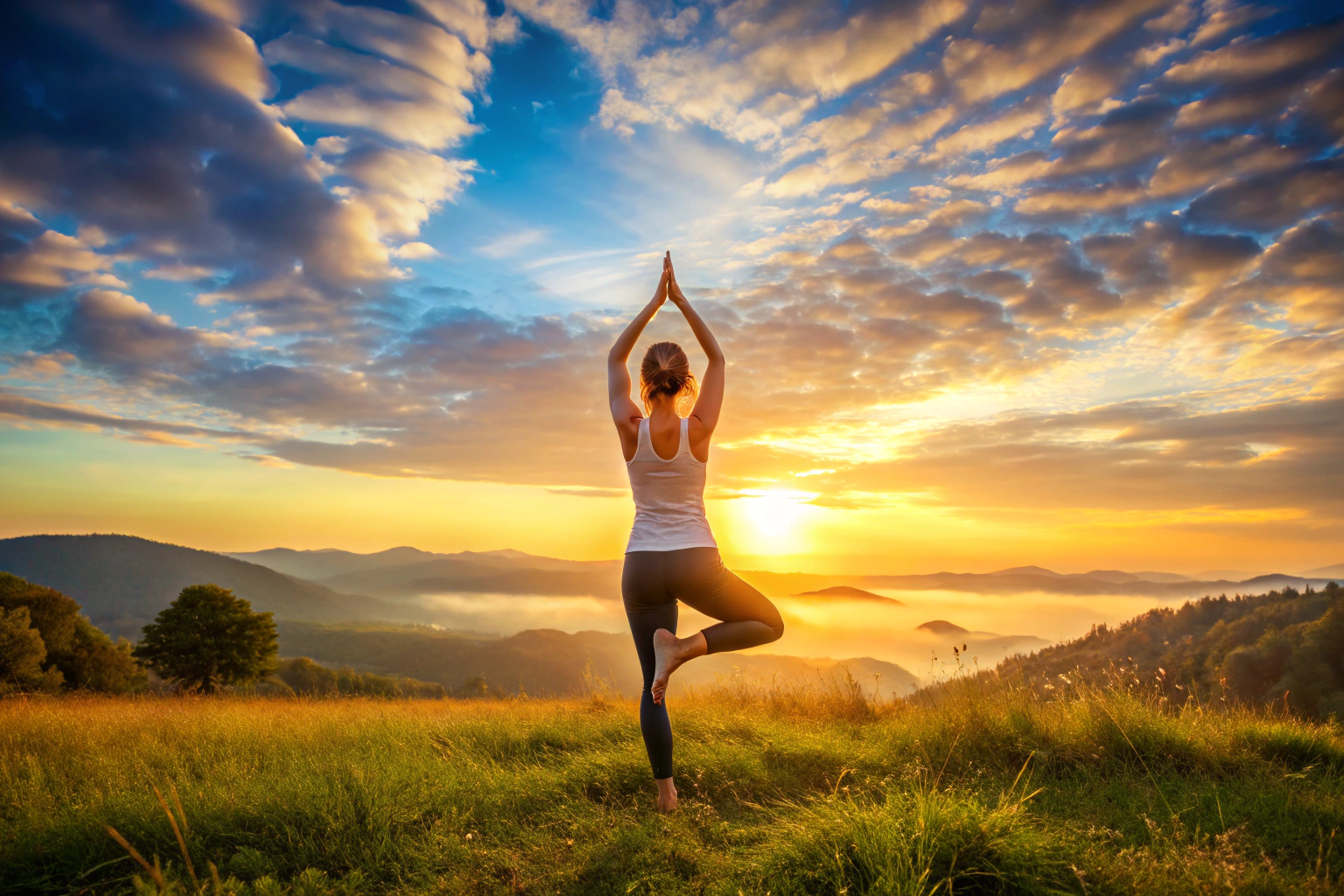 Persona en postura de yoga de pie al amanecer, con brazos extendidos hacia el cielo, en un entorno natural pacífico