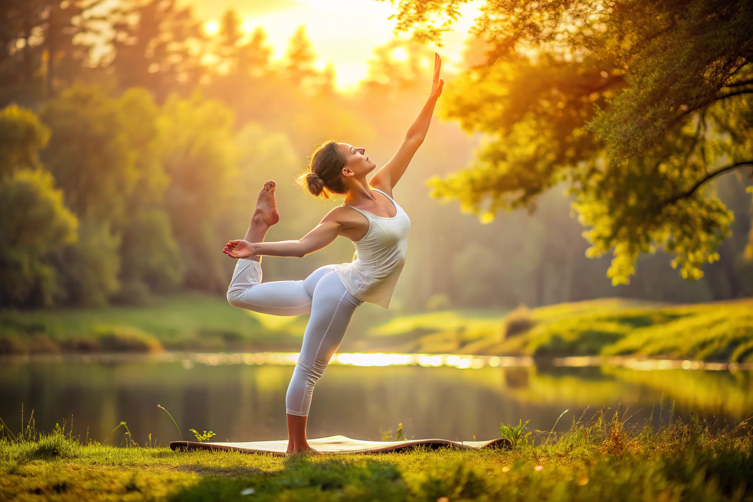 Persona realizando una postura de yoga en un entorno natural sereno, con luz suave y colores cálidos, mostrando equilibrio y paz