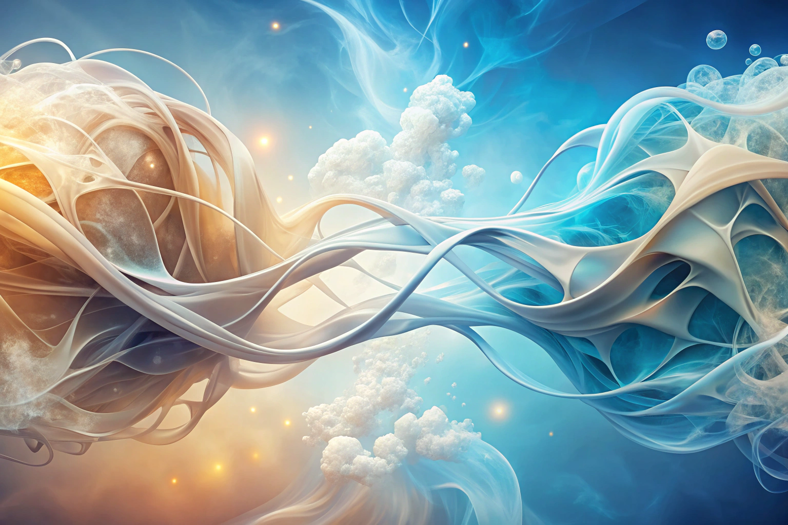 Una imagen abstracta que representa conexión y diálogo, con formas fluidas entrelazadas en colores suaves como azul cielo y beige, evocando calma y apertura