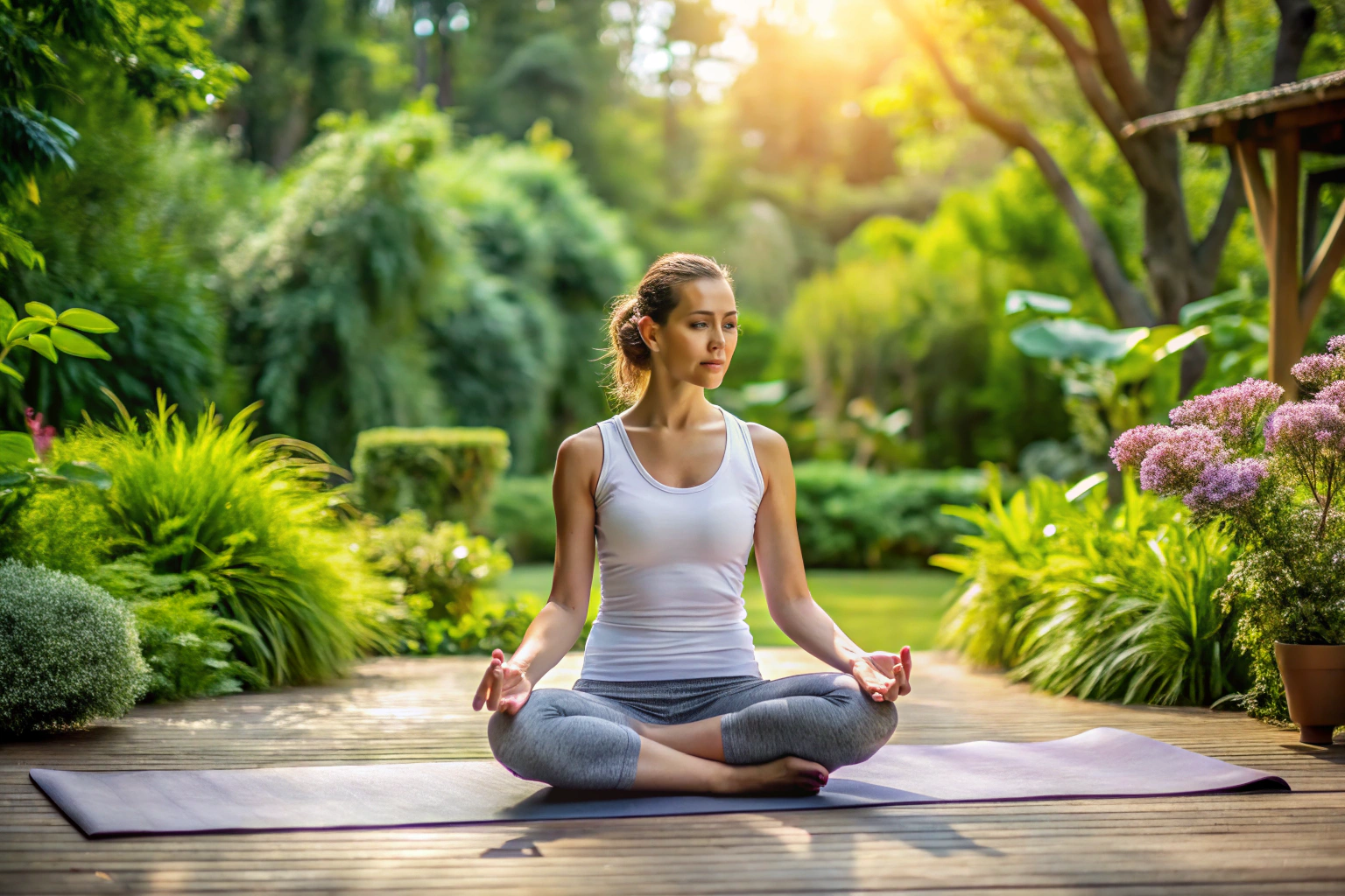 Persona en postura de loto sobre una esterilla de yoga en un jardín tranquilo, con manos en mudra de meditación y expresión serena, rodeada de naturaleza suave