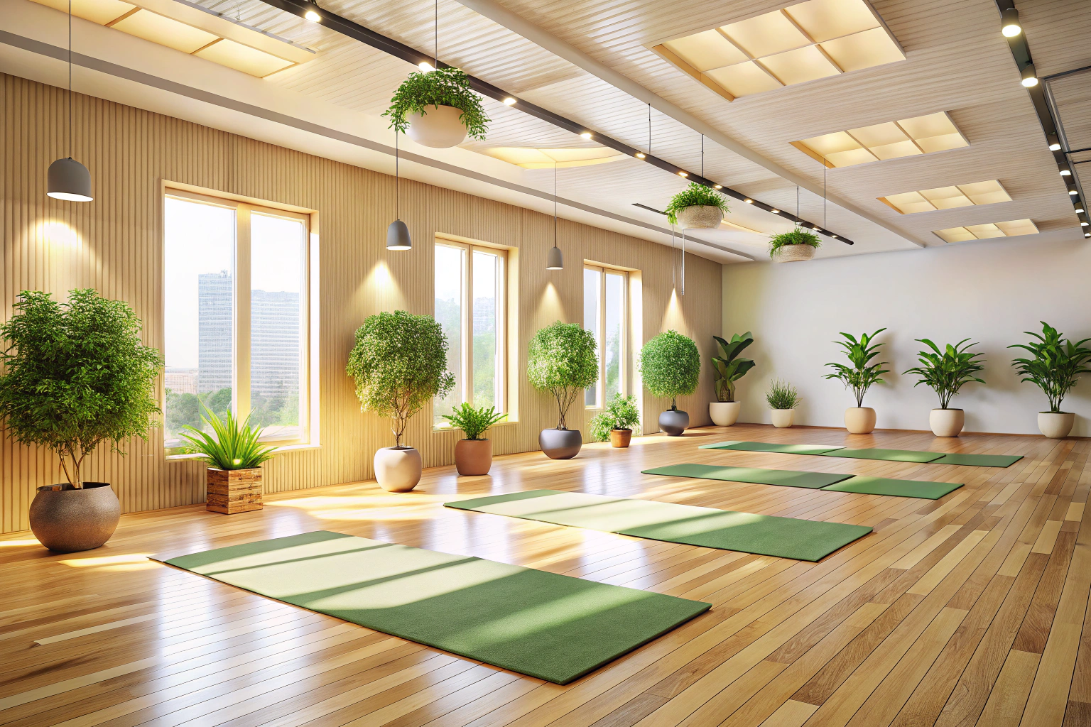 Interior de un estudio de yoga luminoso con suelos de madera clara y varias esterillas de yoga vacías dispuestas en fila, iluminación suave y plantas verdes en macetas