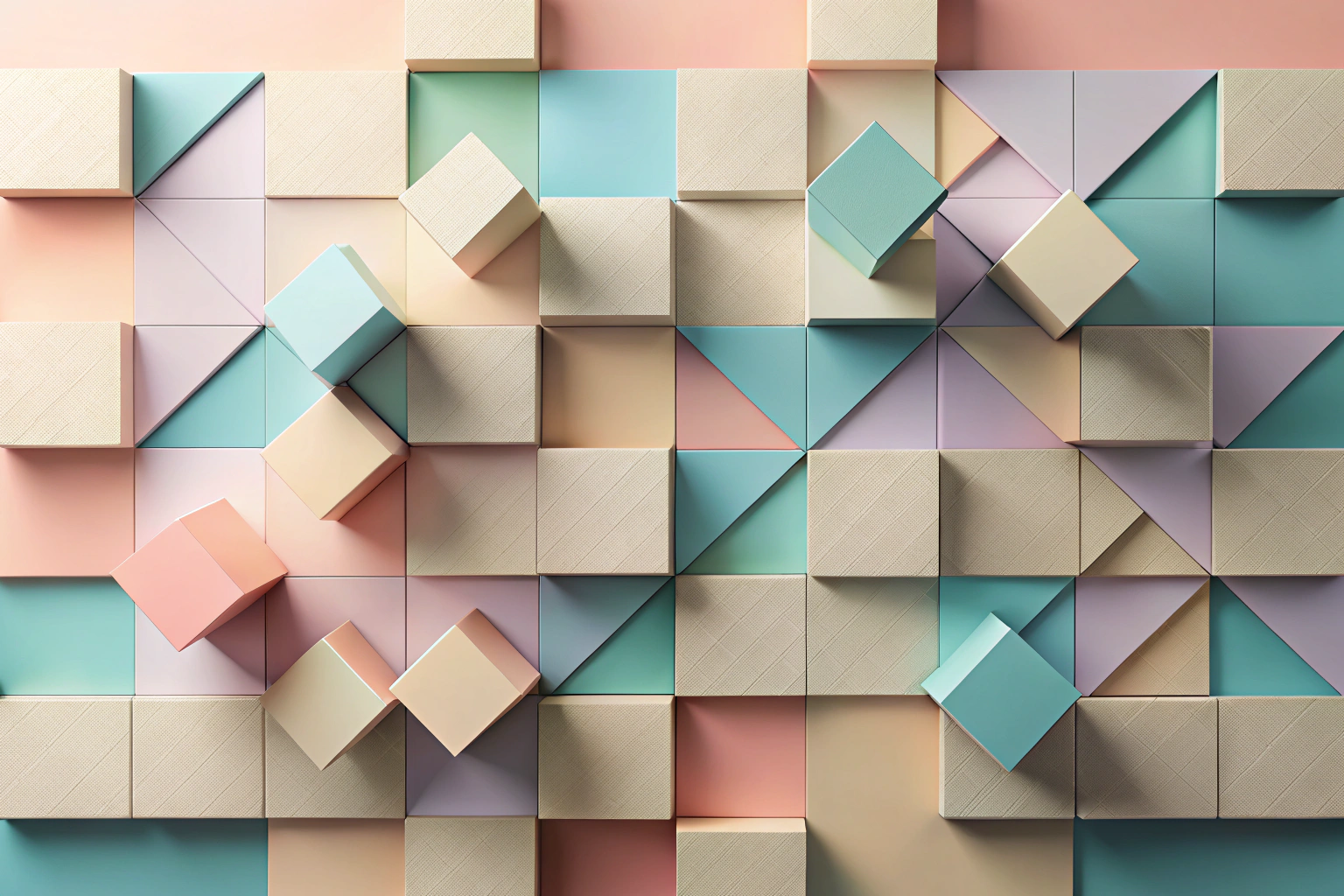 Una imagen abstracta que muestra un diseño de calendario con formas geométricas en tonos pastel, representando bloques de tiempo sin texto, creando una sensación de orden y armonía